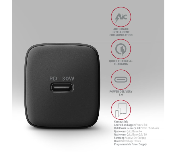 Axagon ACU-PD30, Sil 30W, 1x USB-C, PD3.0/PPS/QC4+/SFC/AFC/Apple - 1353457 - zdjęcie 3